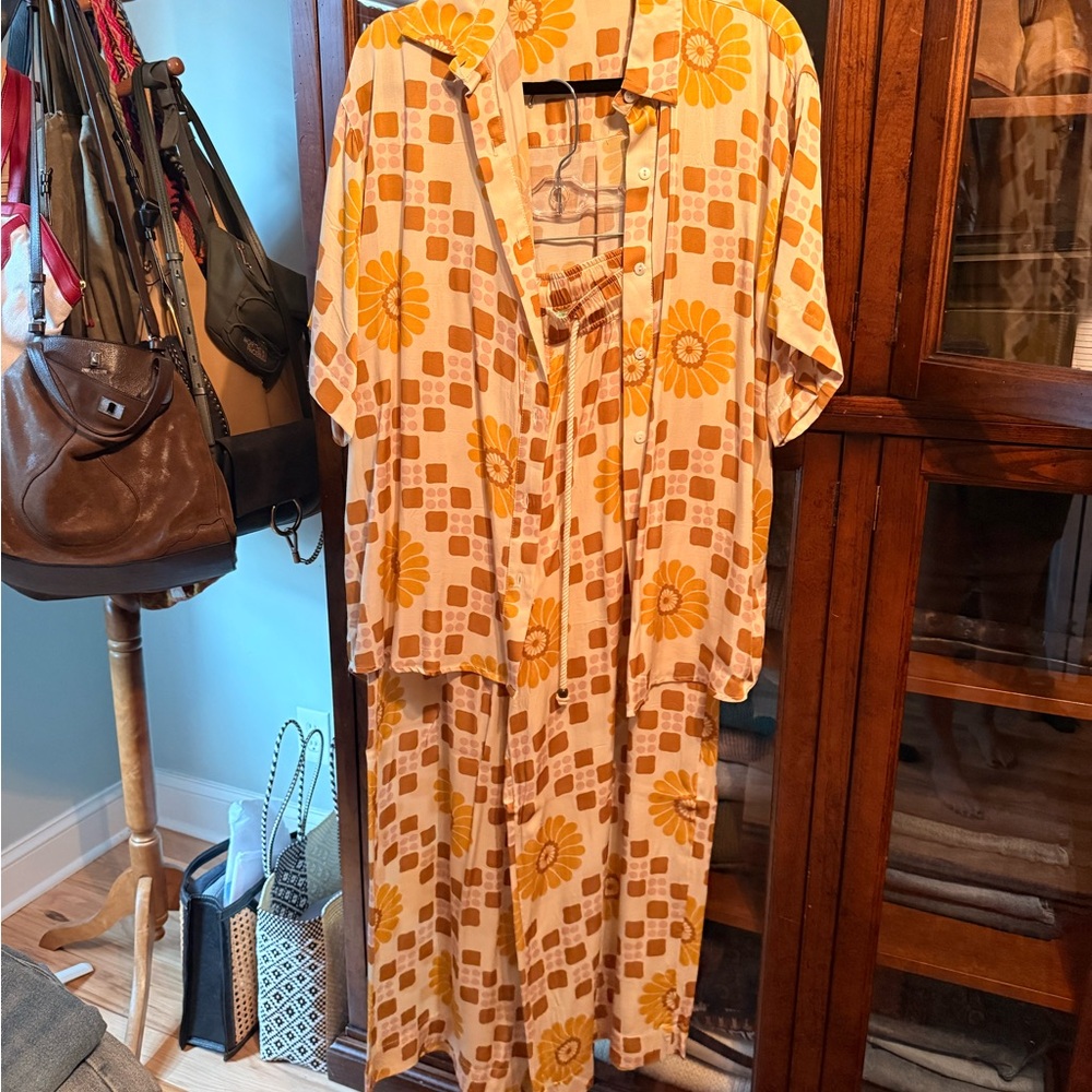 Bohemian Traders Yellow Floral Square-Print Jumpsuit with Shirt